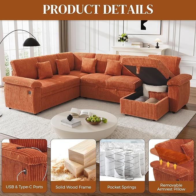 Modular Sectional Sleeper Sofa with Pull Out Bed, Storage Chaise & USB Charging, U Shaped Plush Corduroy Orange Sectional Couches for Living Room, Comfy Convertible 7 Seat Cloud Sofa Bed Orange