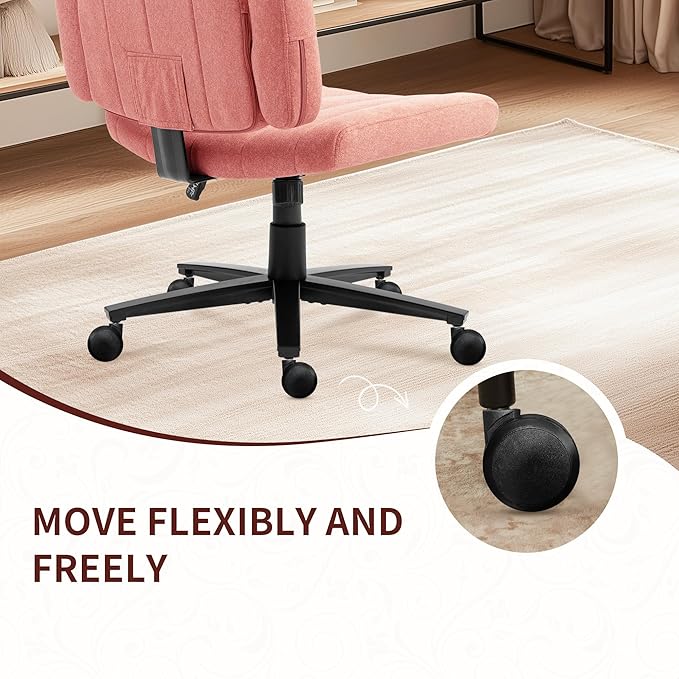 Vigosit Pink Criss Cross Office Chair with Wheels, Ergonomic Wide Seat Vanity & Dressing Table Chair, Adjustable Arms Swivel Rolling Desk Chair for Women, Comfortable Cross-Legged Support