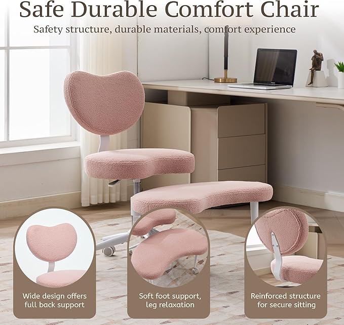 Cross Legged Chair, Meditation Chair Plus with 360° Swivel Wheels for ADHD/Fidgety Sitters, Height Adjustable & Ergonomic Lumbar Support, Teddy Fabric, Pink Home Office Furniture