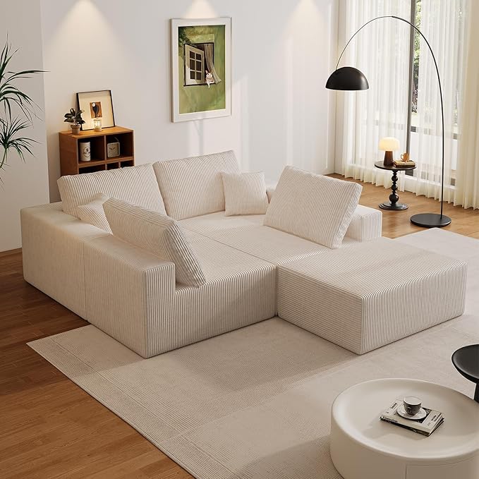 Boneless Cloud Sectional Couch for Living Room, Compressed Modular L-Shaped Sofa with Deep Seat, Frameless Corduroy Couch in Boxes, No Assembly Required, Beige Middle