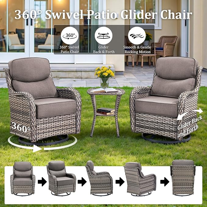 Pugire Luxury High Back Patio Furniture Set with Fire Pit Table & 6-Inch Thick Cushions, 4-Pieces Outdoor Furniture with Swivel Chairs, Wicker Conversation Set for Porch, Balcony, Deck and Yard