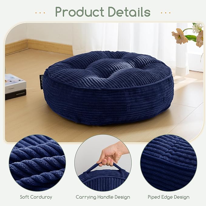 6" Washable Floor Pillow Cushion for Adults, Meditation Cushion Pillow, Large Round Floor Sitting, Removable Tufted Corduroy Cover, for Tatami Living Room or Yoga, 22x22 Inch, Machine Washable