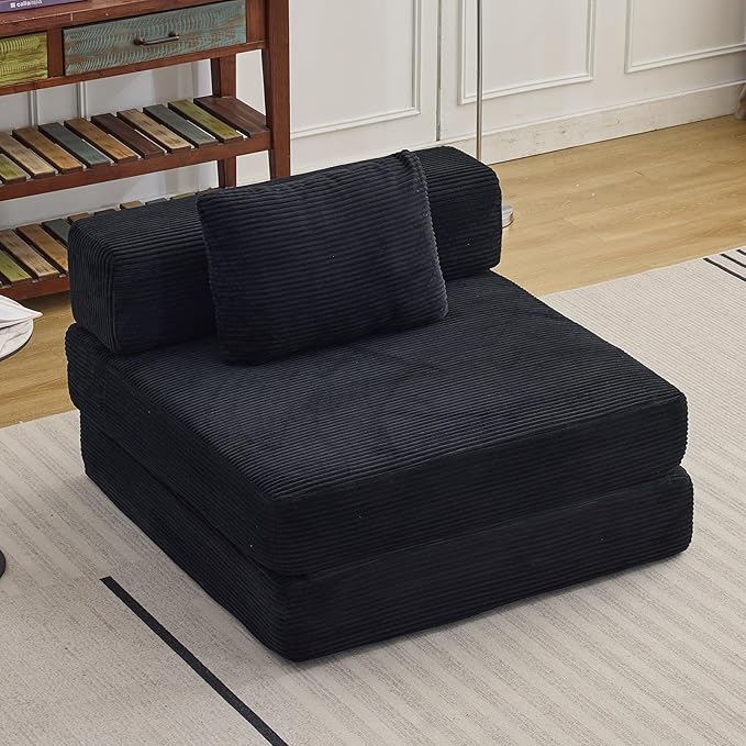 Folding Sofa Bed, Convertible Sleeper Chair with Pillow, Single Sofa with Back Support, Portable Fold Out Chair Cloud Couch Bed, Comfy Floor Sofa Lounge for Living Room Bedroom, Black