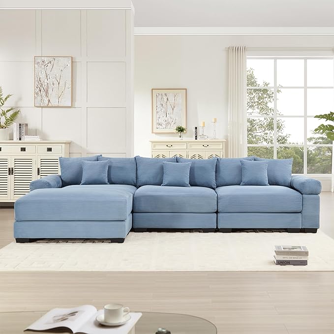 KEIKI 130" L-Shaped Oversized Corduroy Modular Cloud Sectional Sofa with 1 Ottoman, High-Density Foam Cushion, Extra-Thick Armrest, 3-Seater Fluffy Corner Couch with 9 Pillow, for Living Room, Blue