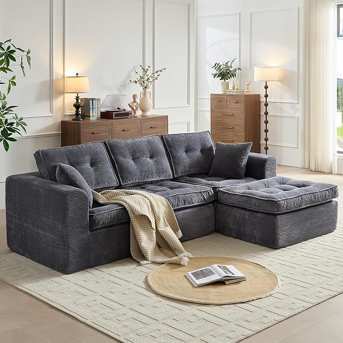 Modular Sectional Sofa, Modern Boneless Couch with L-Shape Chaise, Home Sectional Comfy Sofa Set for Living Room Bedroom and Floor, Plush Corduroy, No Assembly Required (Gray)