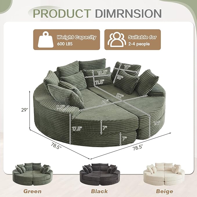 78-inch Oversized Round Chaise Lounge Chair Indoor, Convertible Folding Sofa Bed w/ 10 Pillows, Fluffy Corduroy Boneless Compressed Memory Foam Couch for Living Room, Bedroom (Green, Left & Right)