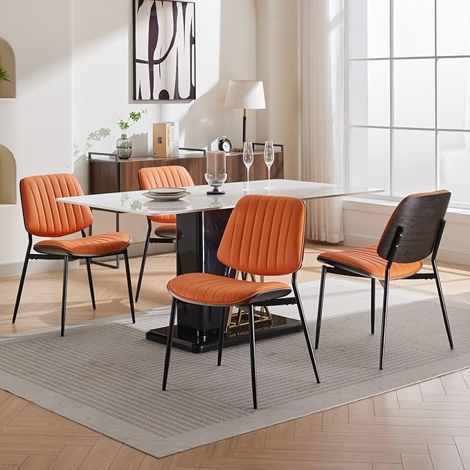 YaFiti Dining Chairs Set of 4, Mid Century Modern Accent Dining Room and Kitchen Chairs, Upholstered PU Leather Vertical Stripe Chairs for Vanity with Walnut Bentwood and Metal Legs, Orange
