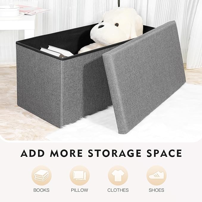B FSOBEIIALEO Storage Ottoman with Tray, Linen Coffee Table Folding Long Shoes Bench Footstool, Dark Grey 30"x15.74"x15"
