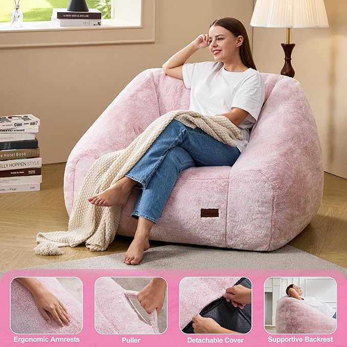 Hobestluk Bean Bag Chairs for Adults Giant Bean Bag Chair with Memory Foam Filling, Adult Beanbag for Bedroom, Living Room (Pink Two-Tone)