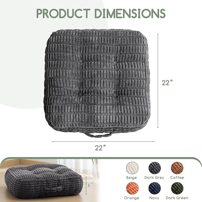 6" Washable Floor Pillow Cushion for Adults, Meditation Cushion Pillow, Removable Tufted Blended Corduroy Cover, Large Square Floor Sitting for Tatami Living Room or Yoga, 22x22 Inch, Machine Washable