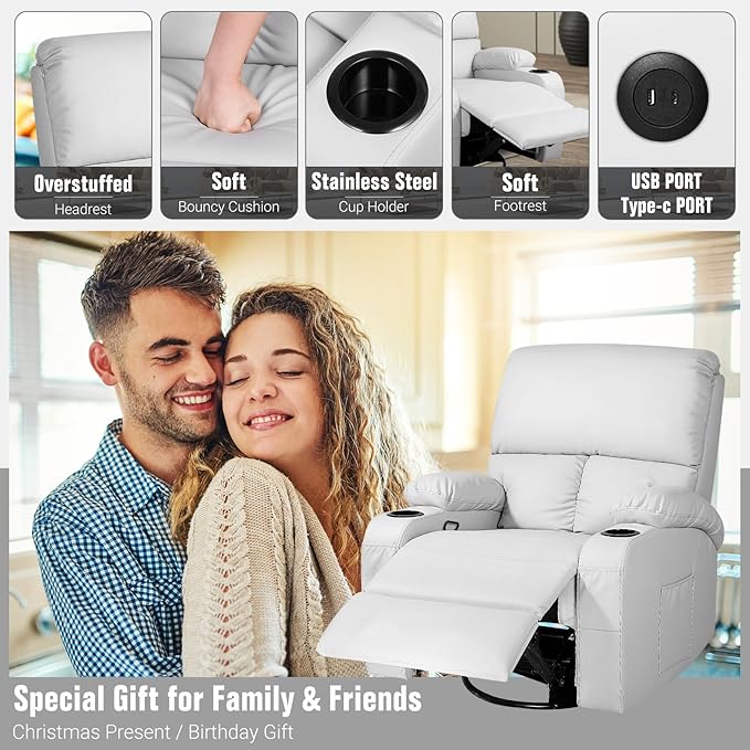 LAFWELL Rocking Recliner Chair, Massage Rocker Recliner Chair with Vibration Massage and Heat, USB and Type-C Ports,360° Swivel Faux Leather Chairs, Living Room, Bedroom, Nursery, RV, Light Grey
