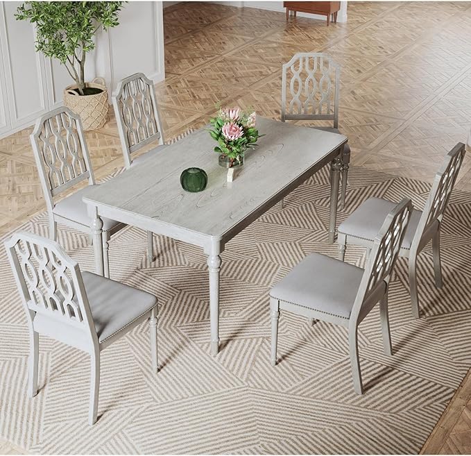 chairus Farmhouse Dining Chairs Set of 4, French Country Wooden Dining Room Chairs with Lattice Back & Nailhead Trim, Upholstered Linen Fabric Kitchen Side Chairs, Grey