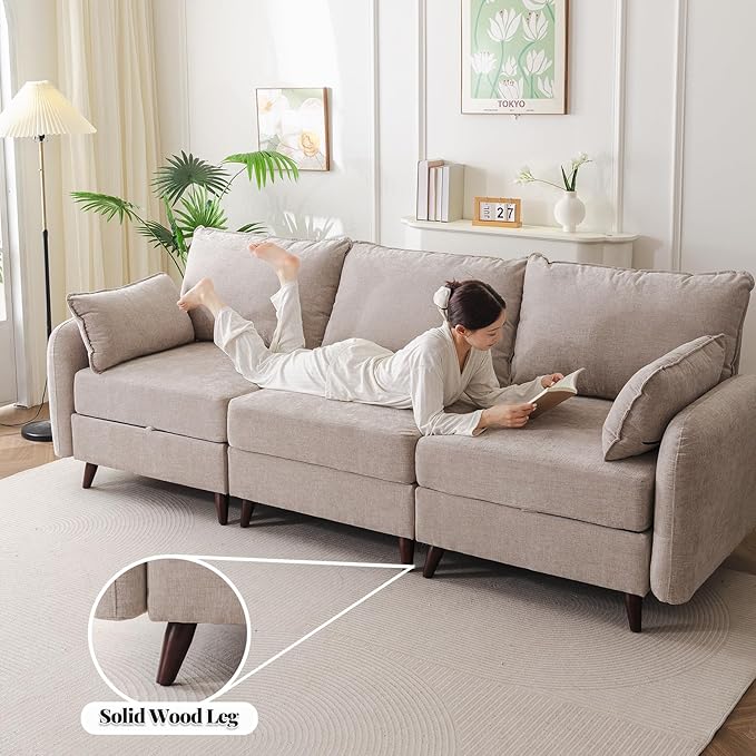 Rexulqo 135'' Modular Sectional Sofa with All Seats Storage, Oversized L Shaped Couch for Living Room,4-Seater Comfy Cloud Couches with Movable Ottoman,Big Sectional for Bedroom,Velet,Khaki