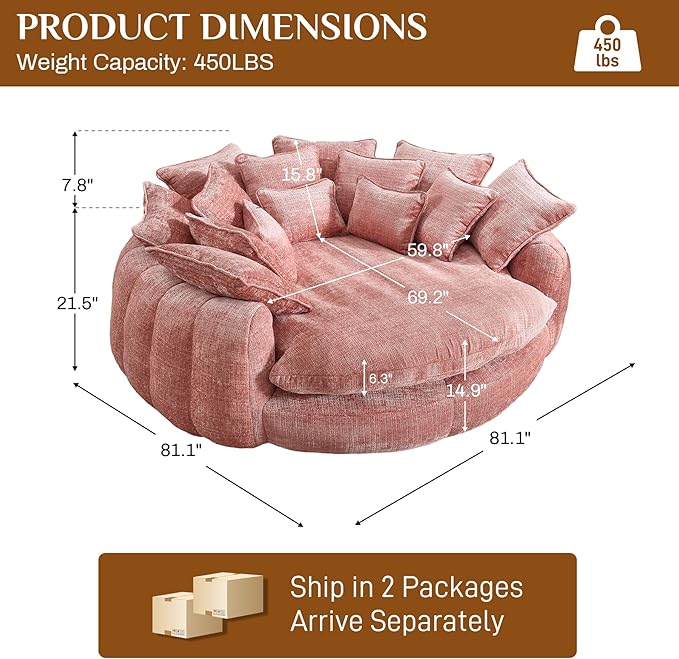 81" Oversized Bean Bag Chair Boneless Round Chaise Lounge Comfy Chenille Reading Chair Fluffy Plush Sofa Bed Large Deep Seat Circle Cloud Couch for Living Room, Bedroom, Apartment, Pink