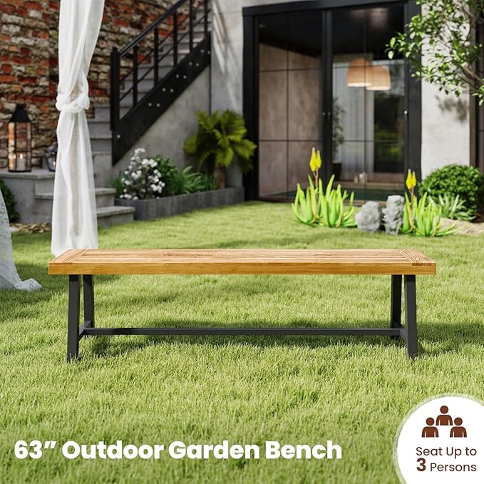 RELAX4LIFE 63’’ Outdoor Bench Acacia Wood - 3-Person Backless Patio Benches with Heavy Duty Metal Frame, Wooden Picnic Dining Garden Bench for Outside Backyard Park Porch, 800 LBS Weight Capacity (1)