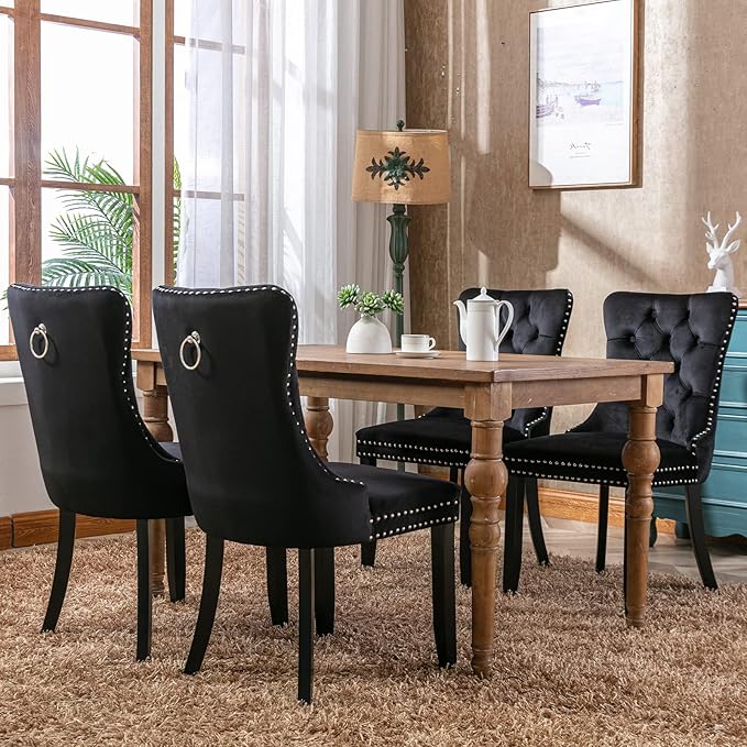 YeahFurn Black Mid Century Modern Dining Chairs Set of 6, Velvet Upholstered Kitchen & Dining Room Chairs with Nailhead Trim & Solid Wood Legs, Elegant Sillas De Comedor (Black, 6 Pcs)
