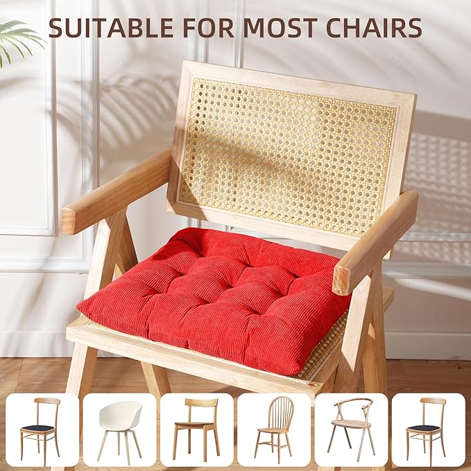 HLOVME Corduroy Chair Cushion with Ties Ultra Soft Warm Floor Cushion for Kids Reading Nook Comfortable Square Seat Cushion for Adult 15.7”x15.7” Set of 2, Bright red