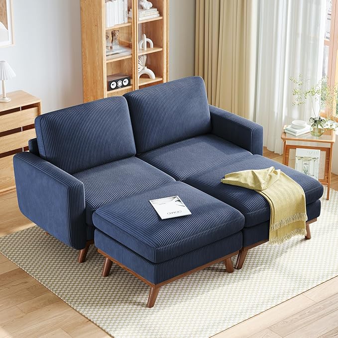 Vesgantti 68" Loveseat Sofa with Movable Ottoman, Comfy Corduroy Couch with Spring Cushion, Sofa Couch with Solid Wood, Modern Office Sofa with Deep Seat for Living Room and Bedroom, Dark Blue