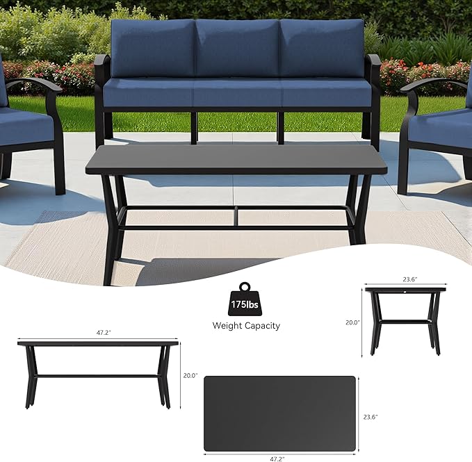 RTDTD Aluminum Outdoor Patio Furniture Set,5 Seats Patio Conversation Sets with Rectangular Coffee Table,Metal Patio Sectional Furniture Set with 5.1" Thickened Cushions,Navy Blue