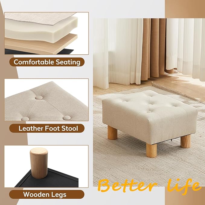FIMIVIBI Small Foot Stool Ottoman, Linen Footstool Ottoman Foot Rest for Couch, Rectangle Footstools and Ottomans Small for Living Room, Entryway and Bedroom (Beige)