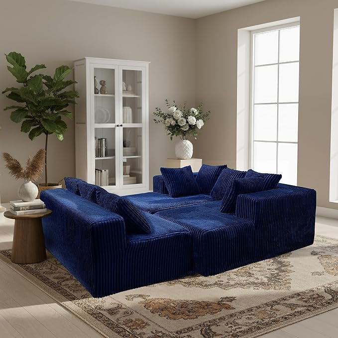 130" Boneless Couch, Cloud Couch Sectional, Corduroy Sofa for Living Room, U Shaped Modular Sofa with Chaise, No Assembly, 4 Seats Oversized (Blue)