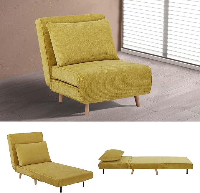 CITTANEO 31" Convertible Sleeper Chair, 3-in-1 Foldable Chair Bed with Pillow, 3-Position Adjustable Backrest, Single Sofa Bed for Apartment, Office, Mustard Yellow