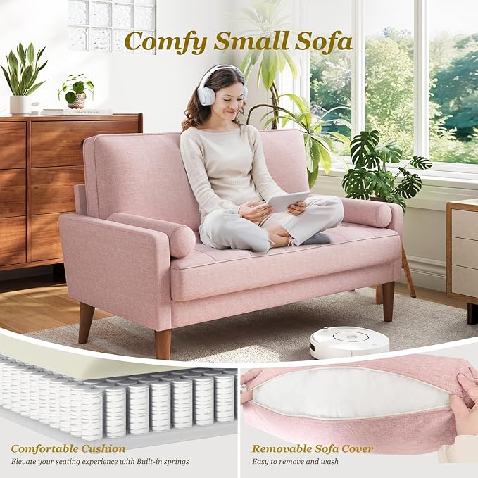 Loveseat Sofa with Solid Wood Legs, 48" Small Couches for Small Spaces, Love Seat for Living Room, Bedroom, Easy Assembly Mid Century Modern Couch with Throw Pillow for Apartment, Pink