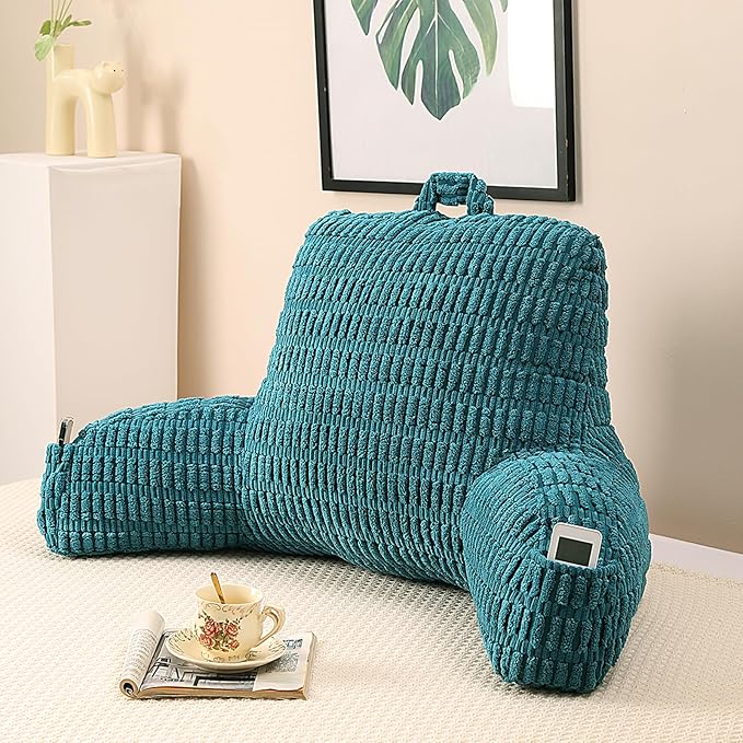 PAJEO Reading Pillow for Sitting in Bed, Large Backrest Reading Pillow with Arm Rest,Back-Rest Support Cushion for Sit Up on Couch, Sofa, and Floor, Dorm Essentials (Green Corduroy, Standard(17"))