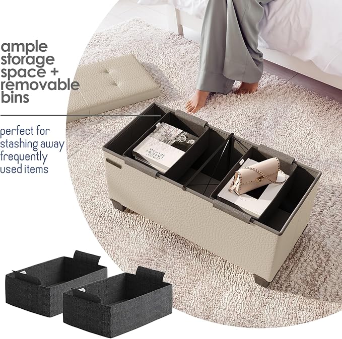 Storage Ottoman Bench with Bins, 30-in Storage Bench for Bedroom End of Bed, Folding Foot Rest Ottoman for Living Room Max 660lbs, Faux Leather Ottomans, Beige