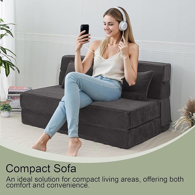 MeMoreCool Boneless Folding Sofa Bed Full, Corduroy Convertible Sleeper Chair, Foldable Foam Mattress Chair, Comfy Fold‑Out Futon Couch Bed, Large Floor Sofa Couch for Living‑Room Guest