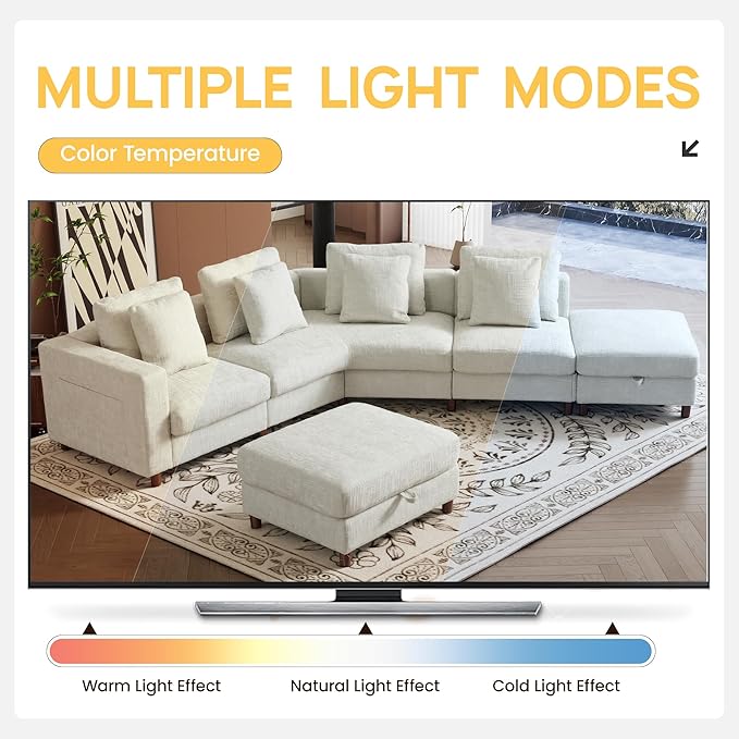 147" Curved Corner Reversible Chaise Chenille Sectional, L-Shaped Oversized Sofa with 6 Deep Plush Seats, with Ottoman & 4 Throw Pillows and Removable Covers, for Living Room and Apartment, Beige
