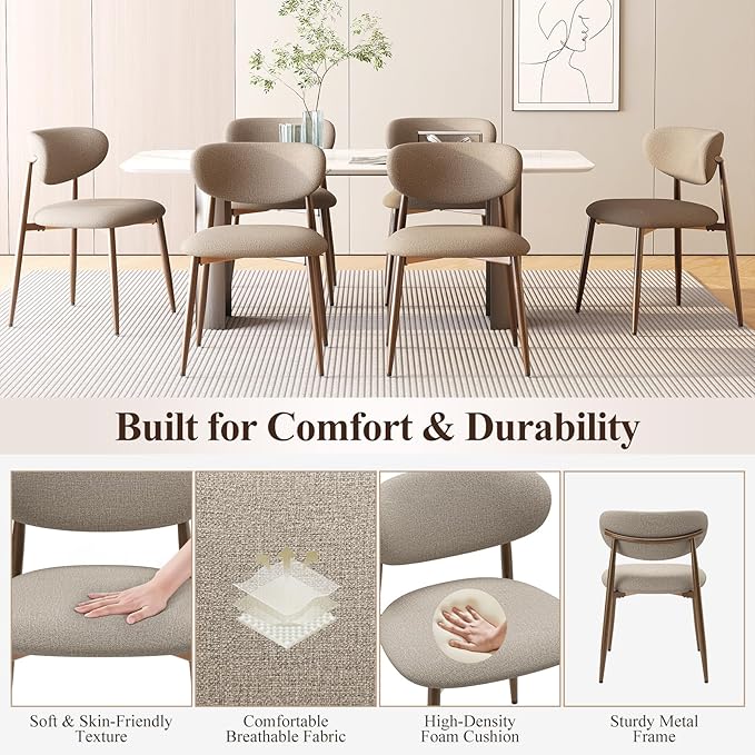 MALOL Dining Chairs Set of 4, Upholstered Dining Room Chairs with Metal Legs and Anti Slip Pads, Curved Back Kitchen Chair for Home and Restaurant Use, Camel