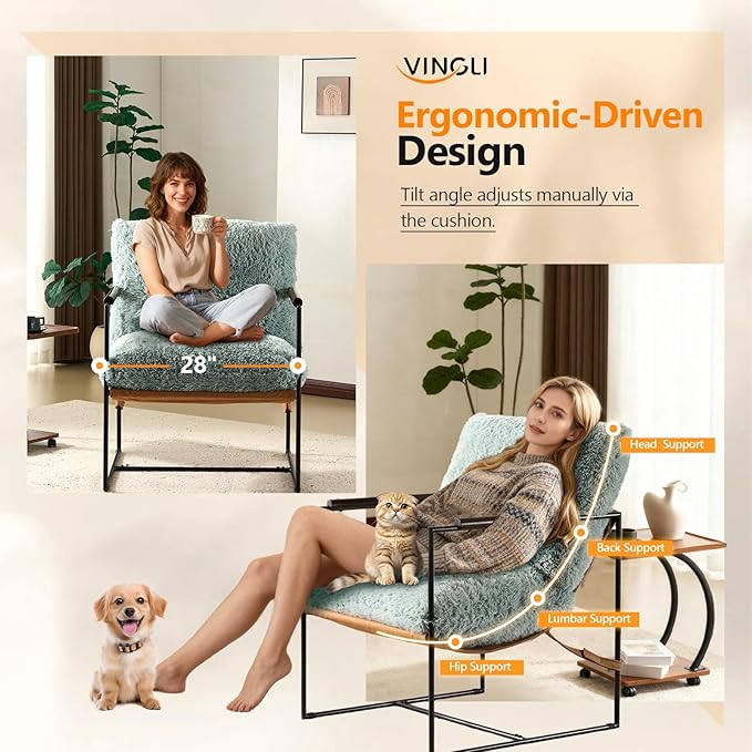 VINGLI 28" Wide Plush Upholstery Sling Modern Accent Chair with Metal Frame,Reading Armchair with Removable Seat Cushion & Tan Microfiber Seat Base, Lazy Chair for Bedroom & Lounge,Pale Turquoise