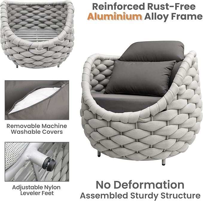 Erotr Front Porch Furniture 5 Piece Set: Aluminum Woven Rope Patio Conversation Sofa Set - Assembled Accent Chair Modern - Cushioned Armchair Couch Set for 400 lbs Deck Backyard Poolside Garden Hotel