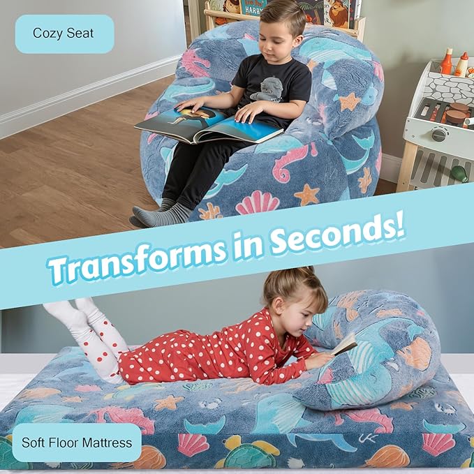 COMAX Bean Bag Chair for Kids, Dinosaur Convertible Toddler Beanbag Bed, Children Bean Chair Stuffed to Floor Mattress with Filler, Ocean Life