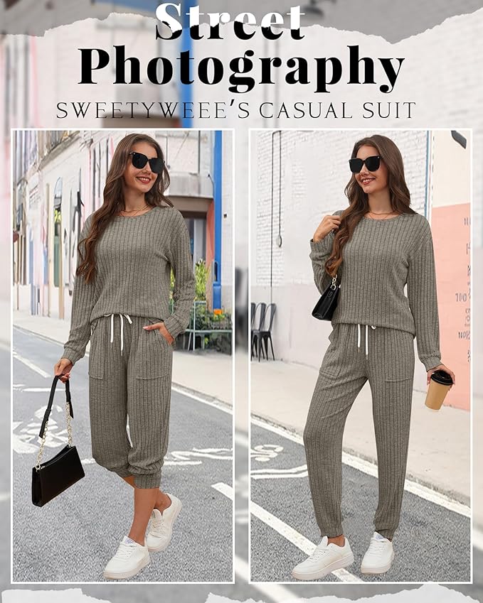 Sweetyweee Women's Ribbed Knit Lounge Sets 2 Piece Outfits Long Sleeve Pajamas Set Loungewear Sweatsuits Fall Pjs with Pocket