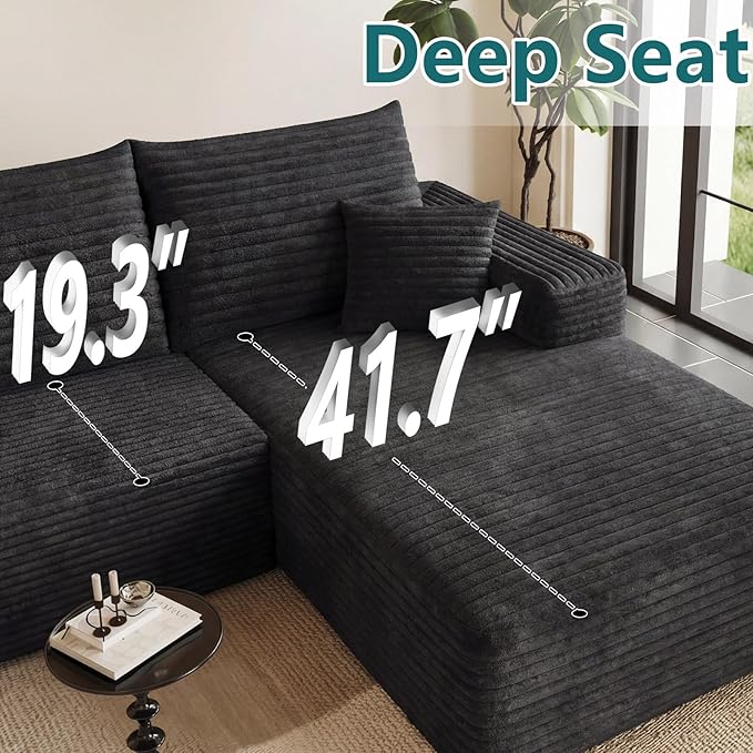 95" U-Shape Cloud Couch, Modern Modular Sectional L-Shape Sofa with Ottoman, Corduroy Upholstered Couches Deep Seat Sleeper Chaise Longue for Living Room, No Assembly Required(Black, Right Facing)
