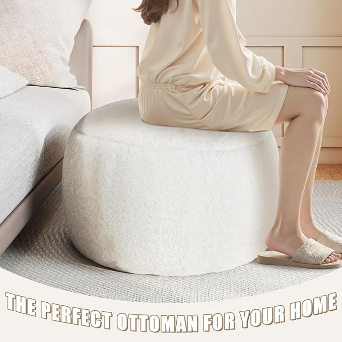 Gericco Round Pouf Ottoman Foot Rest, 29 X 18Inch Floor Poufs Footstool, A Round Modern Foam Filled Foot Stool for Living Room, Home, Nursery, Dorm, Outdoor (White, 29Inch)