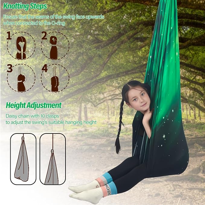 Sensory Swing for Kids Holds up to 300lbs Indoor & Outdoor Therapy Cuddle Swing with Hammock Hooks Hanger Kit for Calming, Effect for Autism, ADHD or SPD. (Space Green)