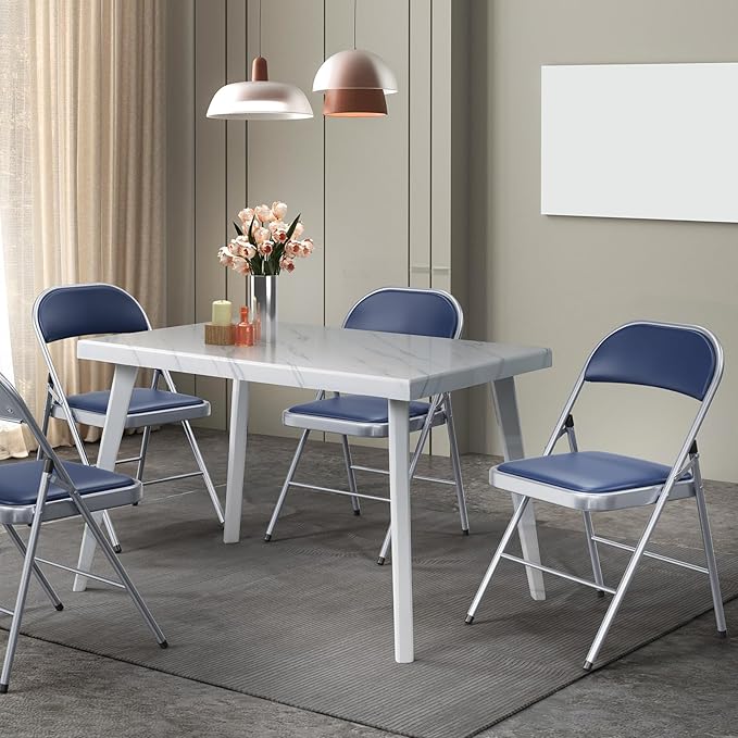 VINGLI 2 Pack Folding Chairs with Padded Seats, Metal Frame with Pu Leather Seat & Back, Capacity 350 lbs, Set of 2, Blue