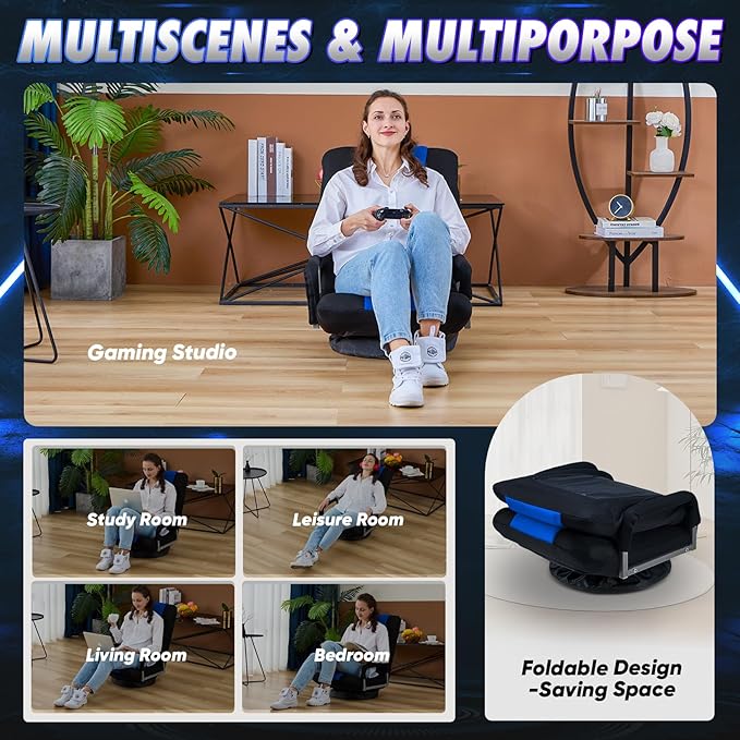 Swivel Gaming Chair 360 Degree Multipurpose Floor Chair w/Armrest & 6 Adjustable Postions Backrest for Adults & Kids, for Reading, Gaming, Watching, Relaxing, Blue