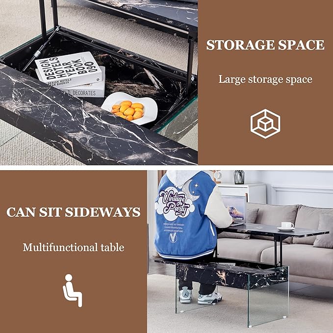 HanStrong 43.3" Lift-Top Coffee Table with Storage,Marble & Tempered Glass Space-Saving for Living Room,Office,Black
