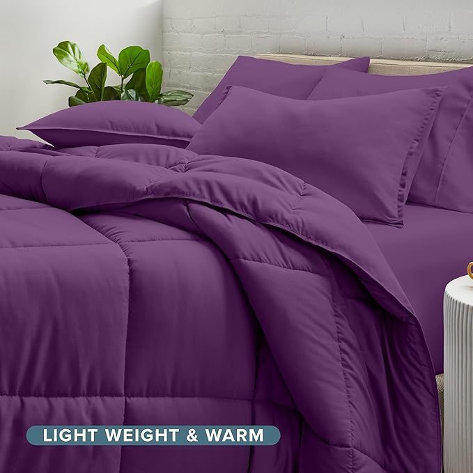 Bare Home Bed-in-A-Bag 5 Piece Comforter & Sheet Set - Twin - Goose Down Alternative - Ultra-Soft 1800 Premium Bed Set (Twin, Plum/Plum)