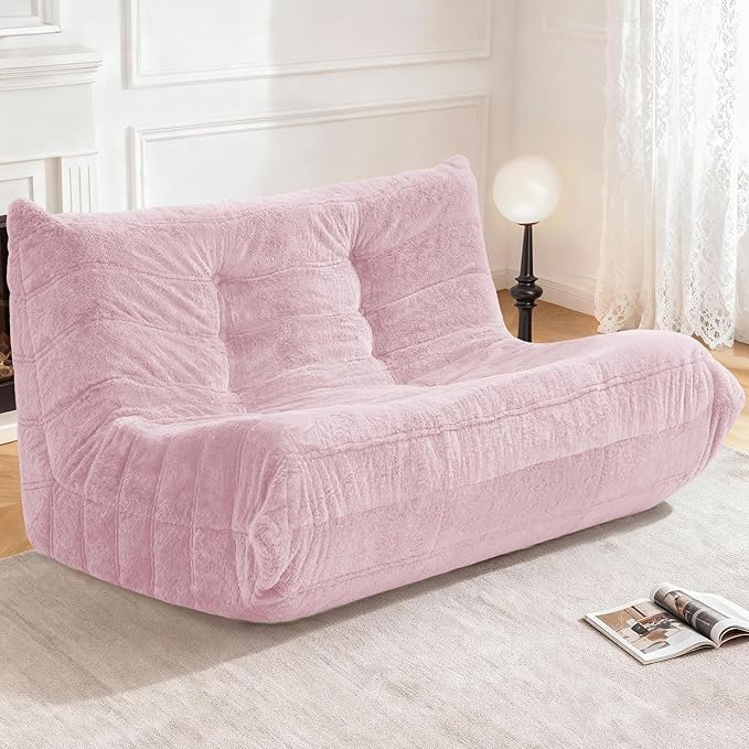 Bean Bag Loveseat Chair Big Sofa Beanbag Chair for Adults Fireside Chair Bean Bag Lounger with Memory Foam Filled for Home,Apartment or Gaming Venue（Pink Plush）