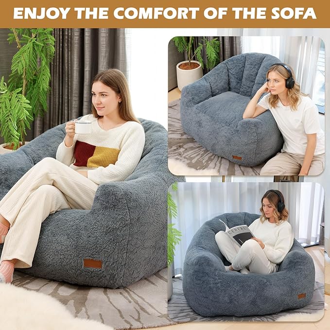 Big Bean Bag Chairs for Adults Giant Sofa with Faux Fur Shell-Shaped Beanbag Couch, Stuffed Large Bean Bag Floor Chair for Living Room, Beanbags Reading Chair for Bedroom Single Sofa(XL-Blue)