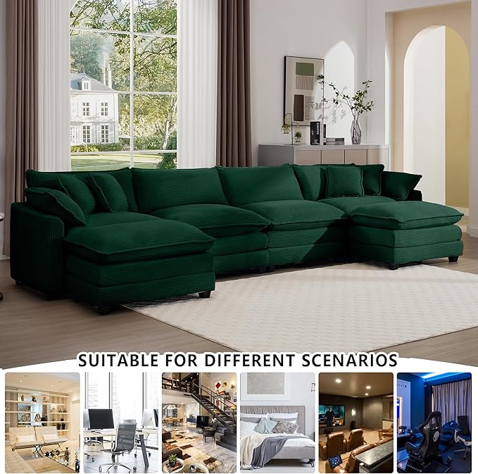 Aoowow Corduroy 4 Seater Couch with Ottomans,Modern Large Cloud Couches for Living Room,U Shaped Modular Sectional Cloud Sofas Deep Seat,U Shape Oversized Tufted Sofa Set (Green, 4 Seater + 2 Ottoman)