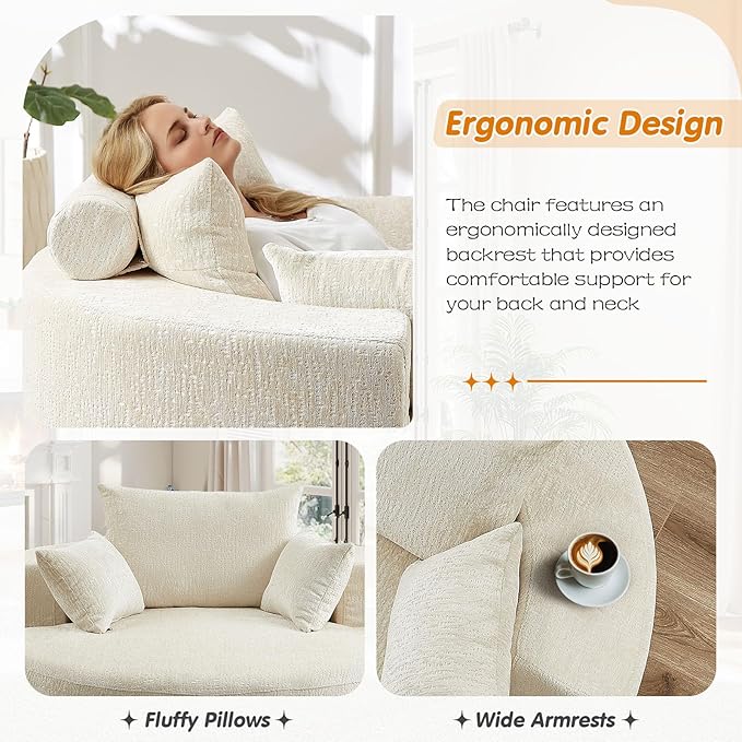55"W Oversized Round Chair Lounge Chaise Indoor, Upholstered Comfy Circle Sofa Armchair, Modern Cozy Boneless Foam Floor Reading Chair for Living Room, Bedroom, No Assembly Required(Chenille, Beige)