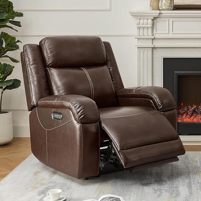 Watson & Whitely Oversized Genuine Leather Power Recliner Chairs for Big and Tall, Wall Hugger Recliner with Power Headrest & Charging Ports, Extra Large Reclining Chair for Living Room, Dark Brown