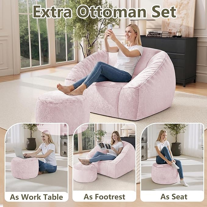 Bean Bag Chairs with Ottoman for Adults, Comfy Beanbag Chair with High-Resilience Foam, Oversized Bean Bag Sofa with Soft Faux Fur Fabric, Bean Bag Chair for Living Room,Bedroom,Pink