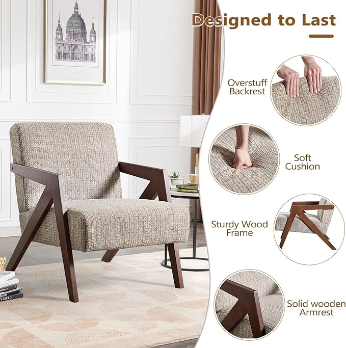 Bonzy Home Mid-Century Modern Accent Chair with Solid Wood Frame, Upholstered Armchair for Bedroom & Living Room,Reading Side Chair with Soft Lien Fabric Cushion,Easy Assembly